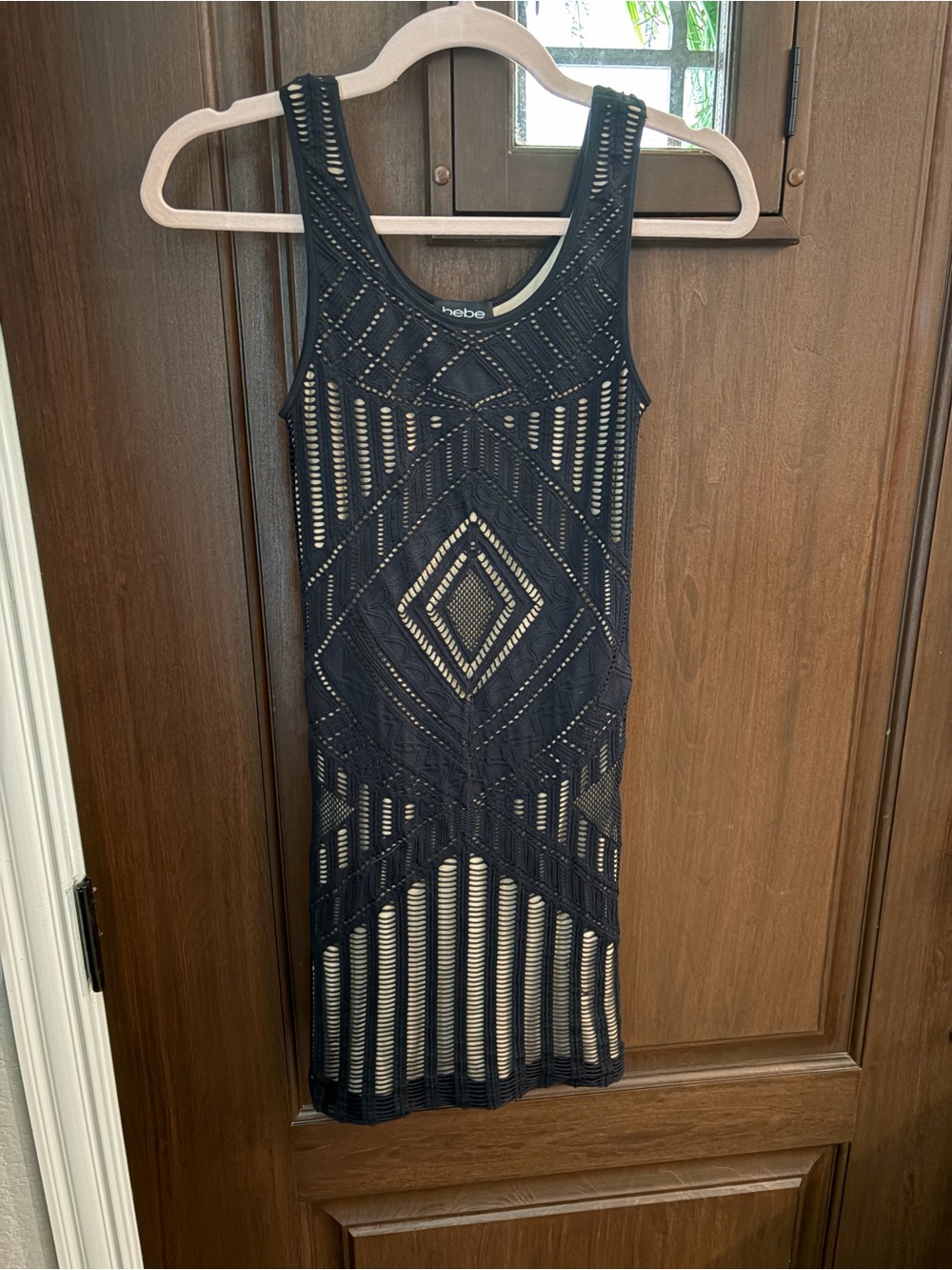 bebe Black Crochet Bodycon Mini Dress with Geometric Knit